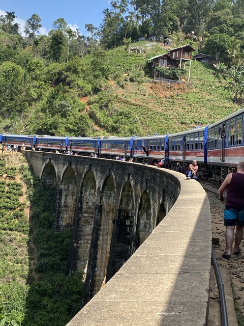Train crossing over Nine Arches Bridge with passengers