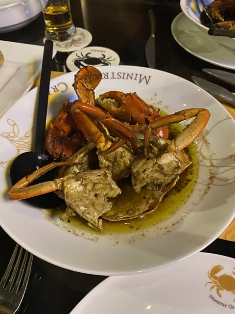 Seafood dish with crabs in sauce