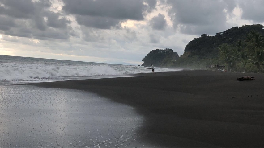 Black sand beach with waves under an overcast sky.