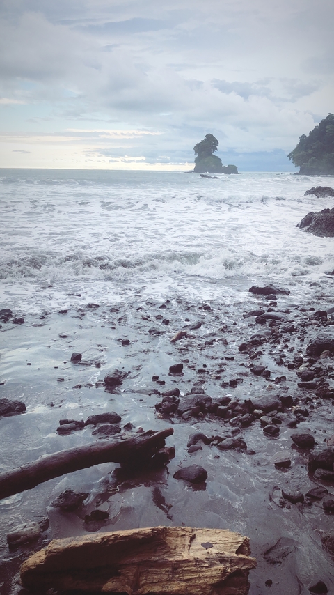 Rocky shoreline with waves crashing at the shore.