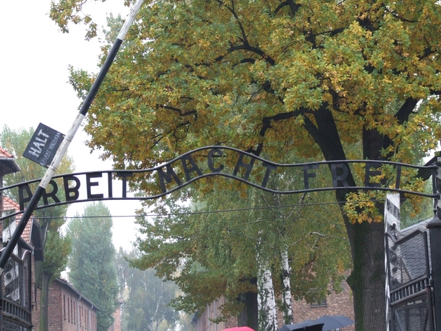 Entrance sign to Auschwitz concentration camp.
