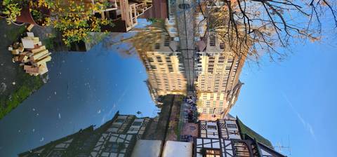       Reflection of historical buildings in a river.
  