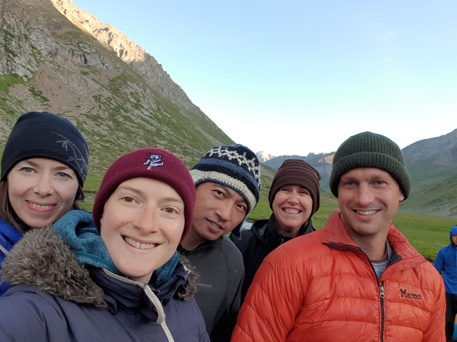 Selfie of a group of friends in a mountainous area