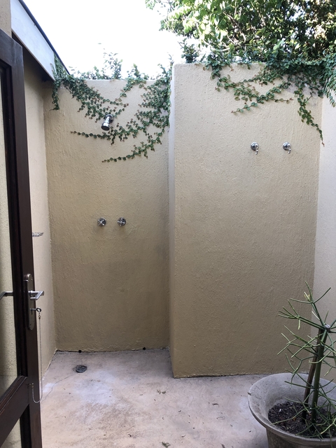       Outdoor shower area with stone walls and plants.
  