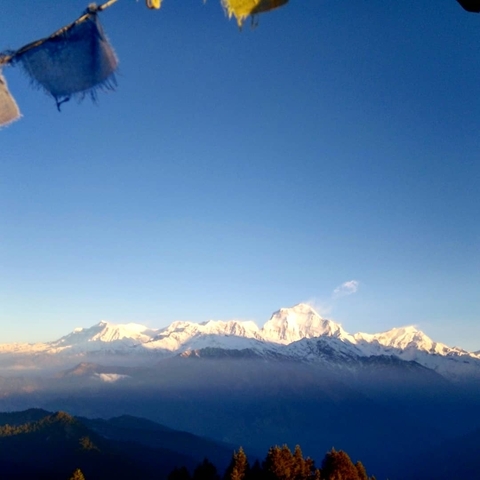 Panoramic view of snowy mountains under a clear sky.