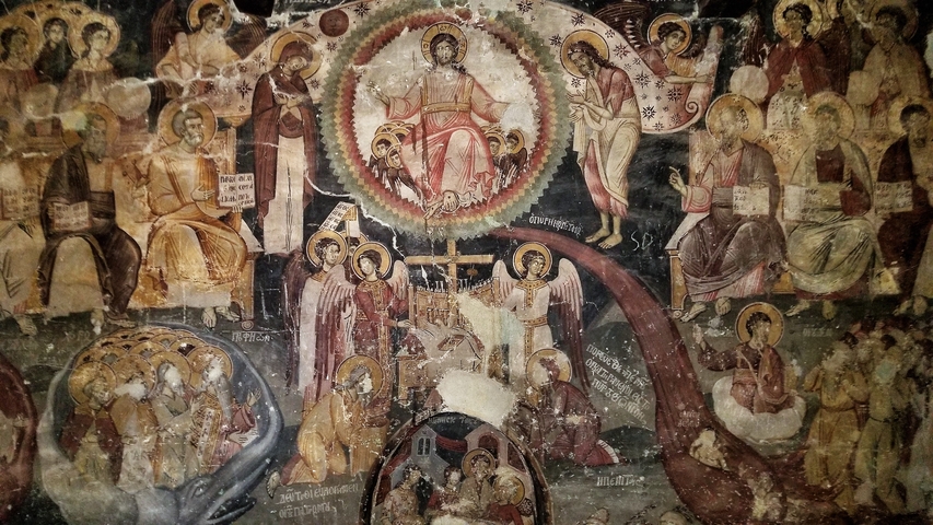       Detailed religious fresco with figures in a church.
  