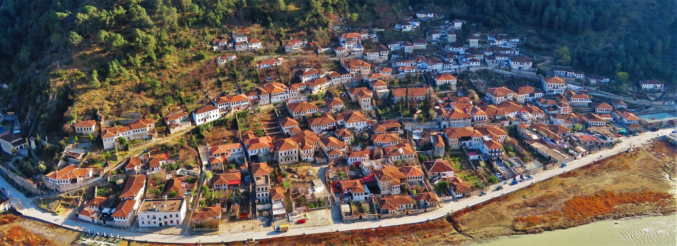       Aerial view of a town with red rooftops.
  