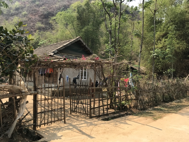 Rustic house with bamboo fencing and laundry