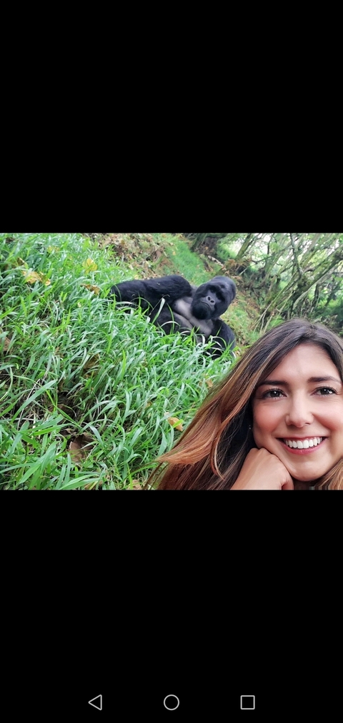 A woman posing with a gorilla in a grassy area.