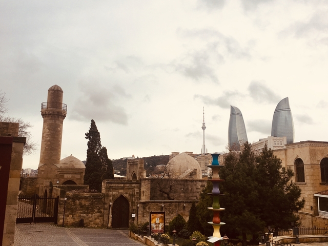       View of city skyline with historic and modern buildings.
  