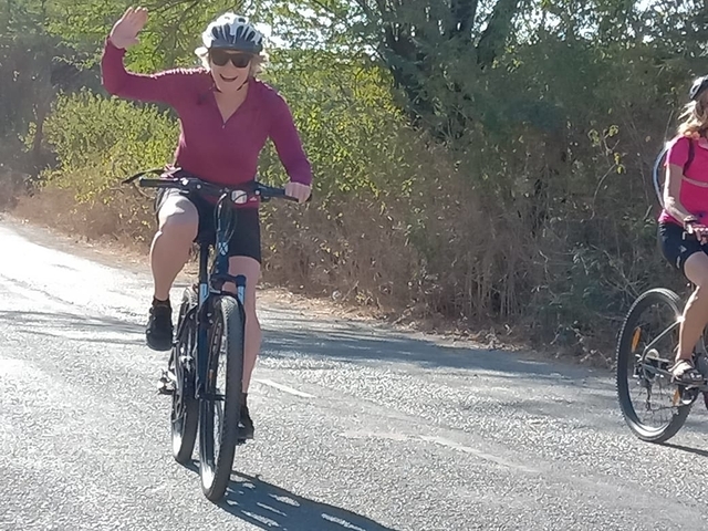       A person cycling on a road surrounded by greenery.
  
