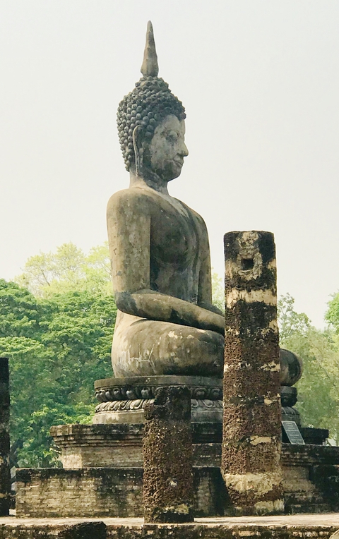 Ancient stone Buddha statue with lush greenery.