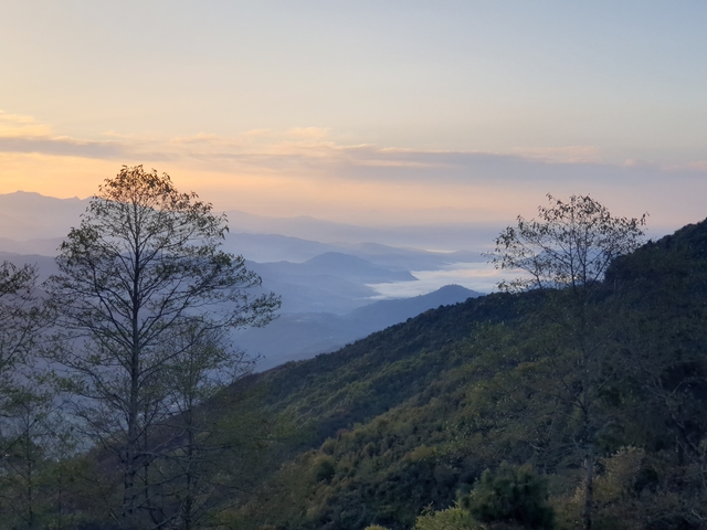       Hilly landscape with trees and distant mountains at sunset.
  