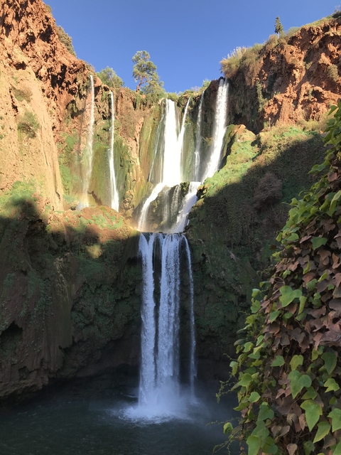 Stunning waterfall cascading down lush green cliffs.
