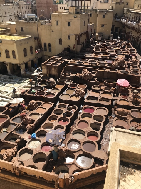      View of a traditional tannery with workers processing leather.
  