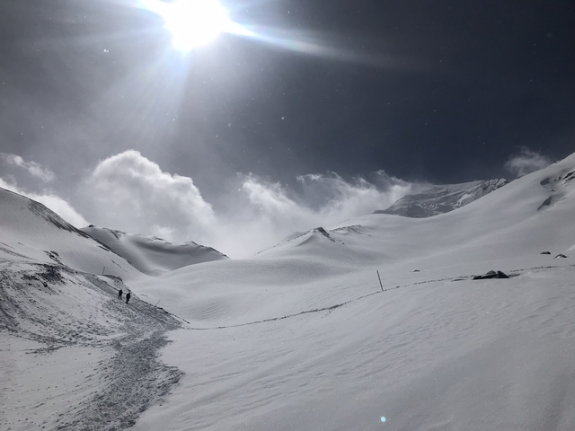 Expansive snowy landscape under a bright sun with footprints in the snow.