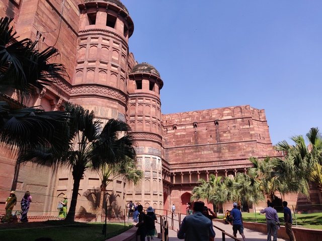       View of massive historical fort walls with palm trees.
  
