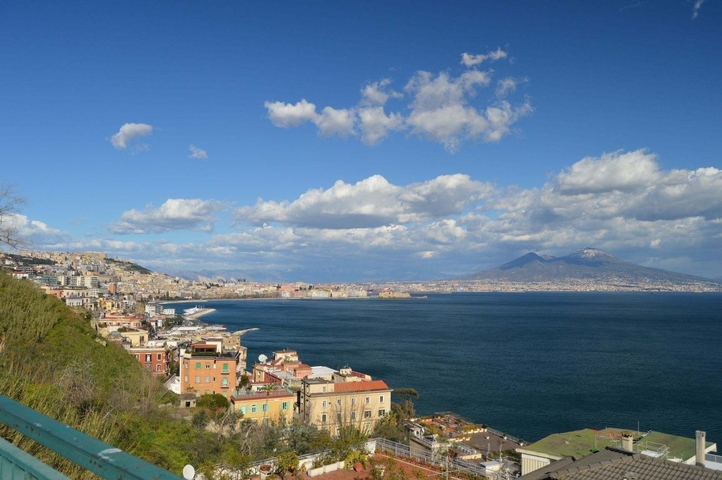 Coastal city view with a prominent mountain in the background