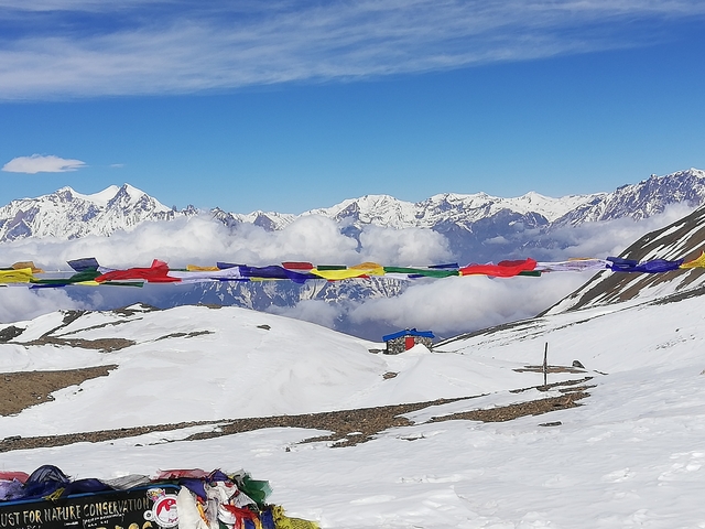       Snow-covered mountains with colorful prayer flags
  