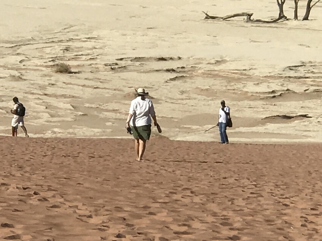       People walking in a desert dune area.
  