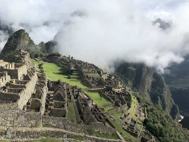 Aerial view of Machu Picchu with the Andes mountains.