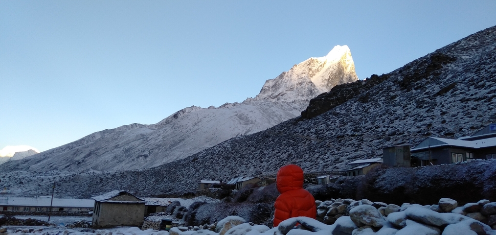 Person in a red jacket looking at a snow-capped mountain.