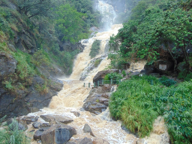 A waterfall in a lush green landscape.