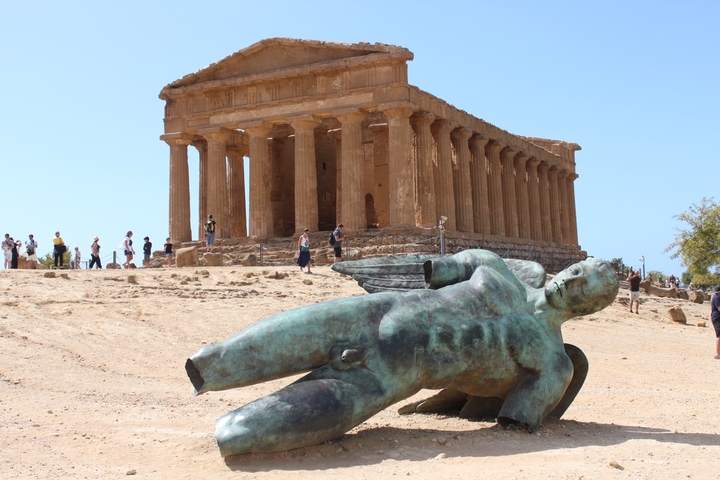 Temple of Concordia with bronze statue in Agrigento.