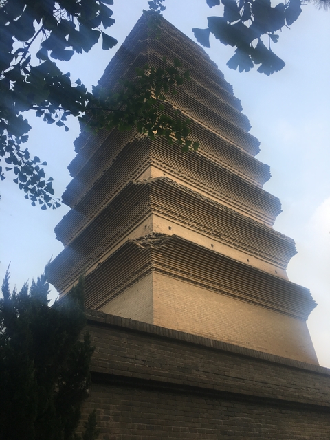 Close-up of a pagoda structure under a blue sky.