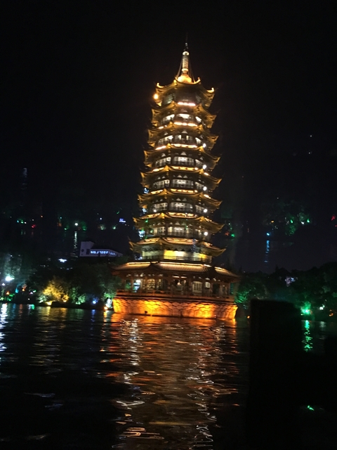       Illuminated pagoda by the water at night.
  