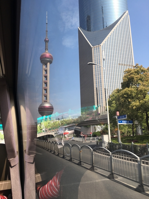       View of Oriental Pearl Tower through a vehicle window.
  