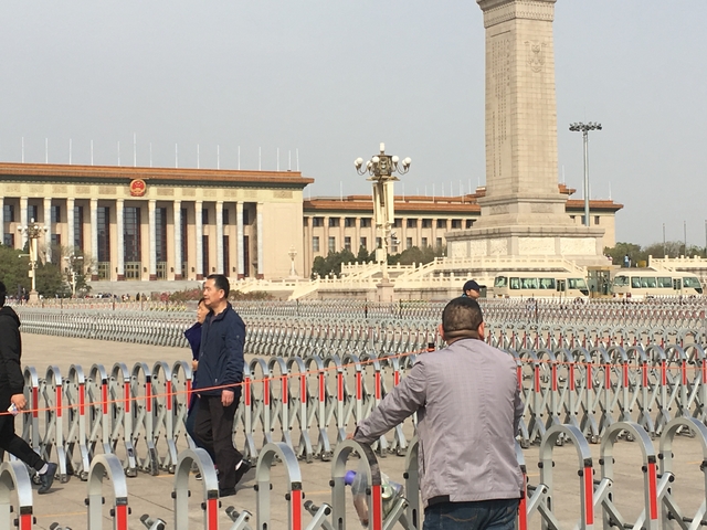 People walking in a vast open square with government buildings.