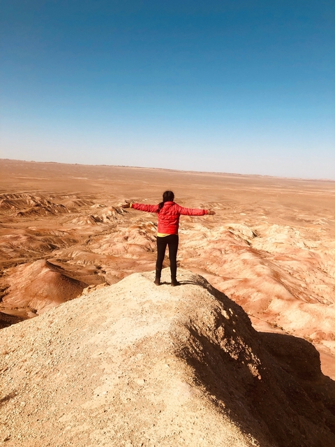 Person with arms outstretched overlooking desert landscape