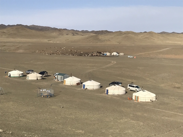 Yurts and vehicles in a vast desert landscape