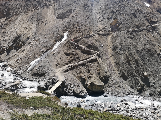 Narrow trail along a river in a rugged landscape