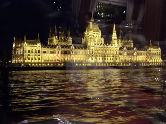       Illuminated Gothic-style building by a river at night.
  