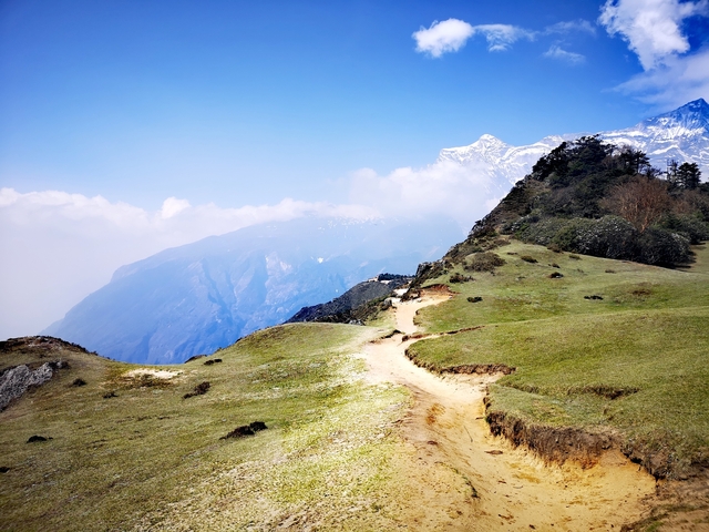 Scenic view of a mountain path with lush greenery and mountains in the background.