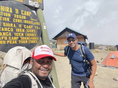 Hikers posing with Shira Camp sign.