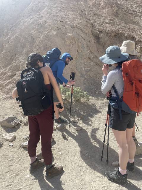       Hikers trekking along a rocky trail.
  