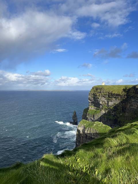 A view of Cliffs of Moher and the ocean below.