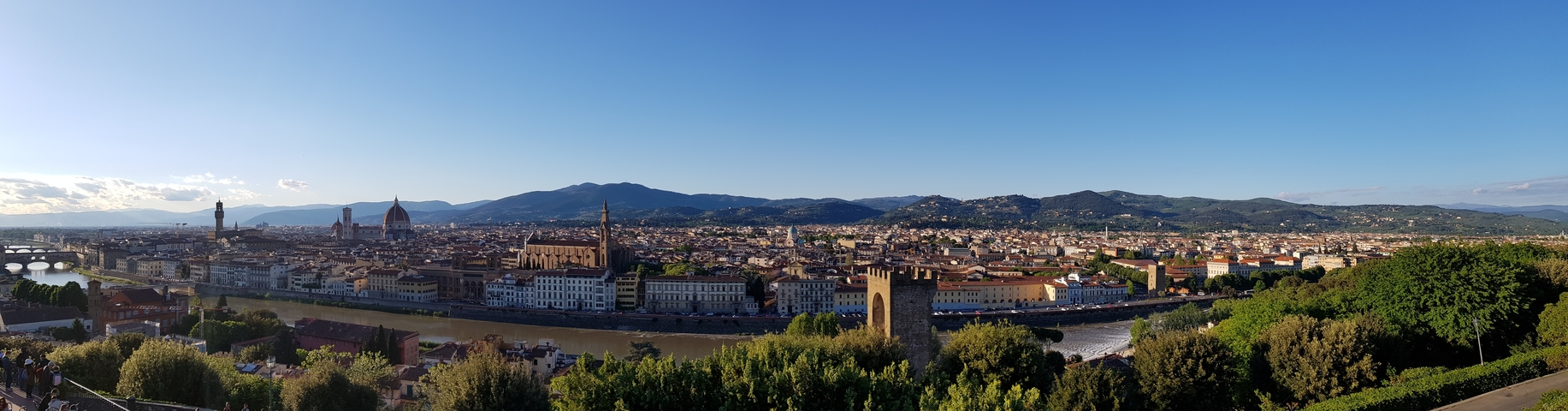 Panoramic view of a city with a river flowing through it.