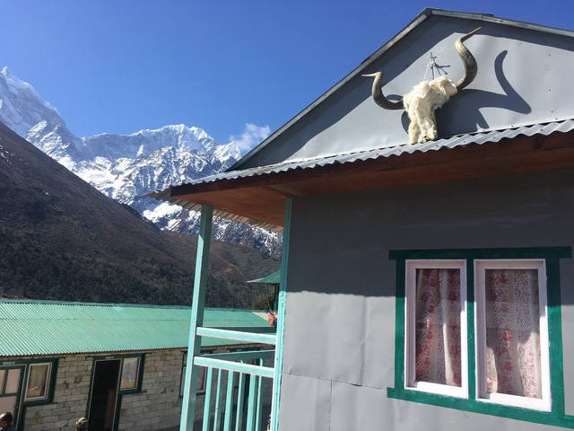       Building with a yak skull decoration set against a mountain backdrop.
  