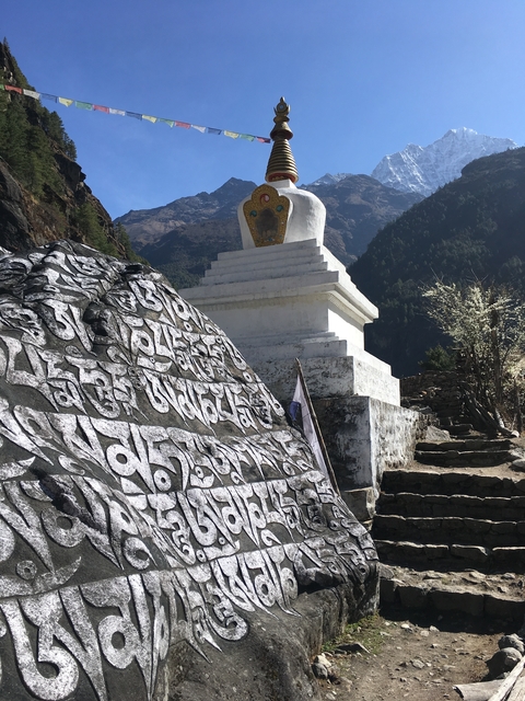       Mani stones with Tibetan inscriptions next to a white stupa.
  