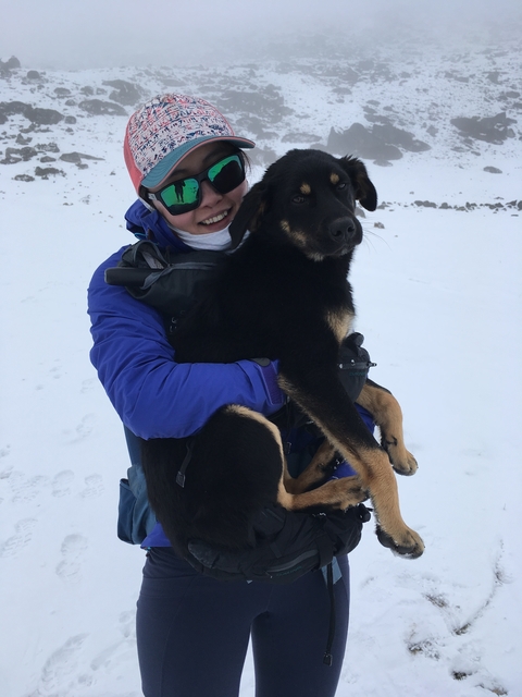       A person in winter gear holding a large black dog in a snowy environment.
  