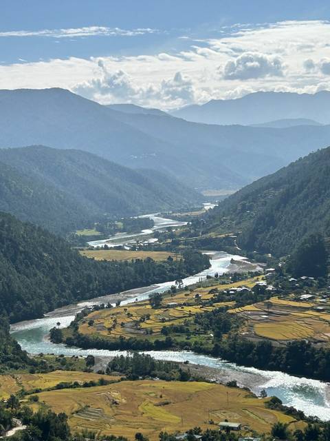       Panoramic view of a valley with river and forests
  