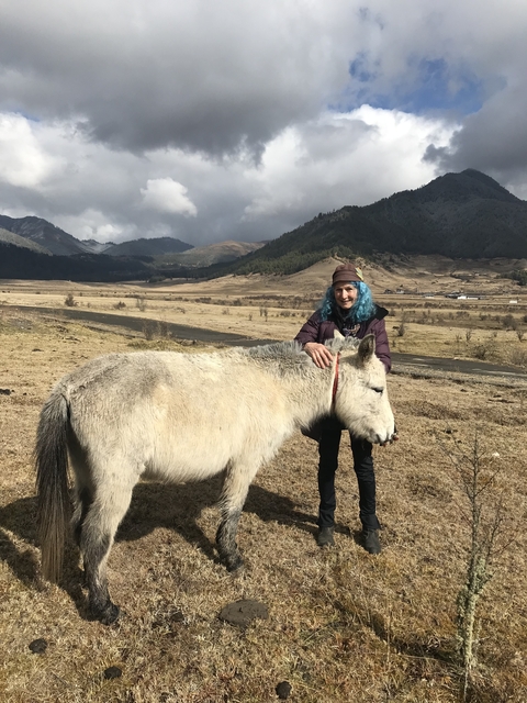 Person posing with a white donkey in a vast valley.