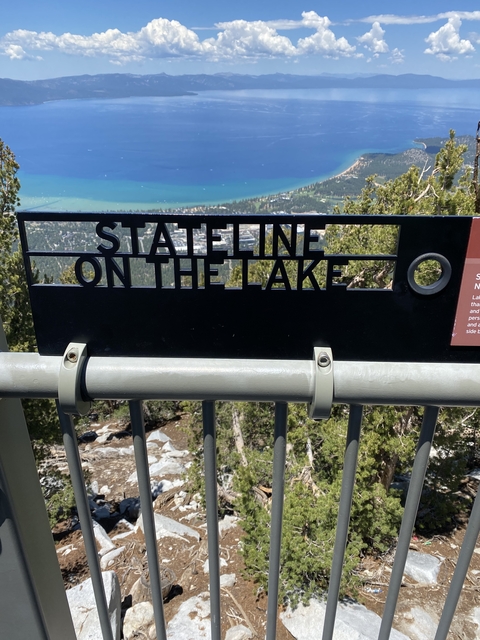 Sign overlooking a lake with blue water.