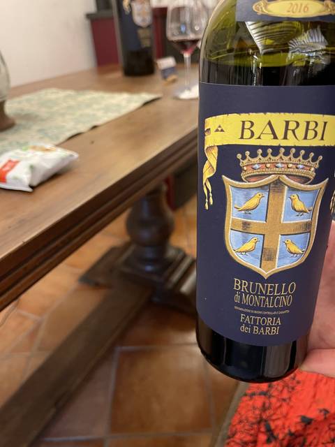 Close-up of a wine bottle labeled Brunello di Montalcino.