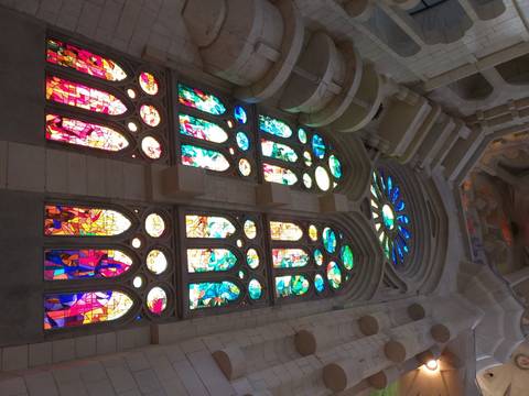Stained glass windows inside Sagrada Familia.