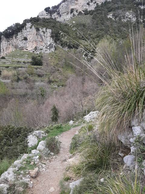 A hiking trail along a rocky hillside.